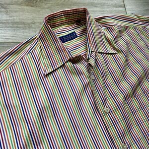 J. McLaughlin Button‎ Down Shirt Rainbow Gingham And Stripes Men's M